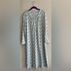 Rebecca Malone Women’s Long Night Gown Powder Blue Red Bird Print Lace Sz L